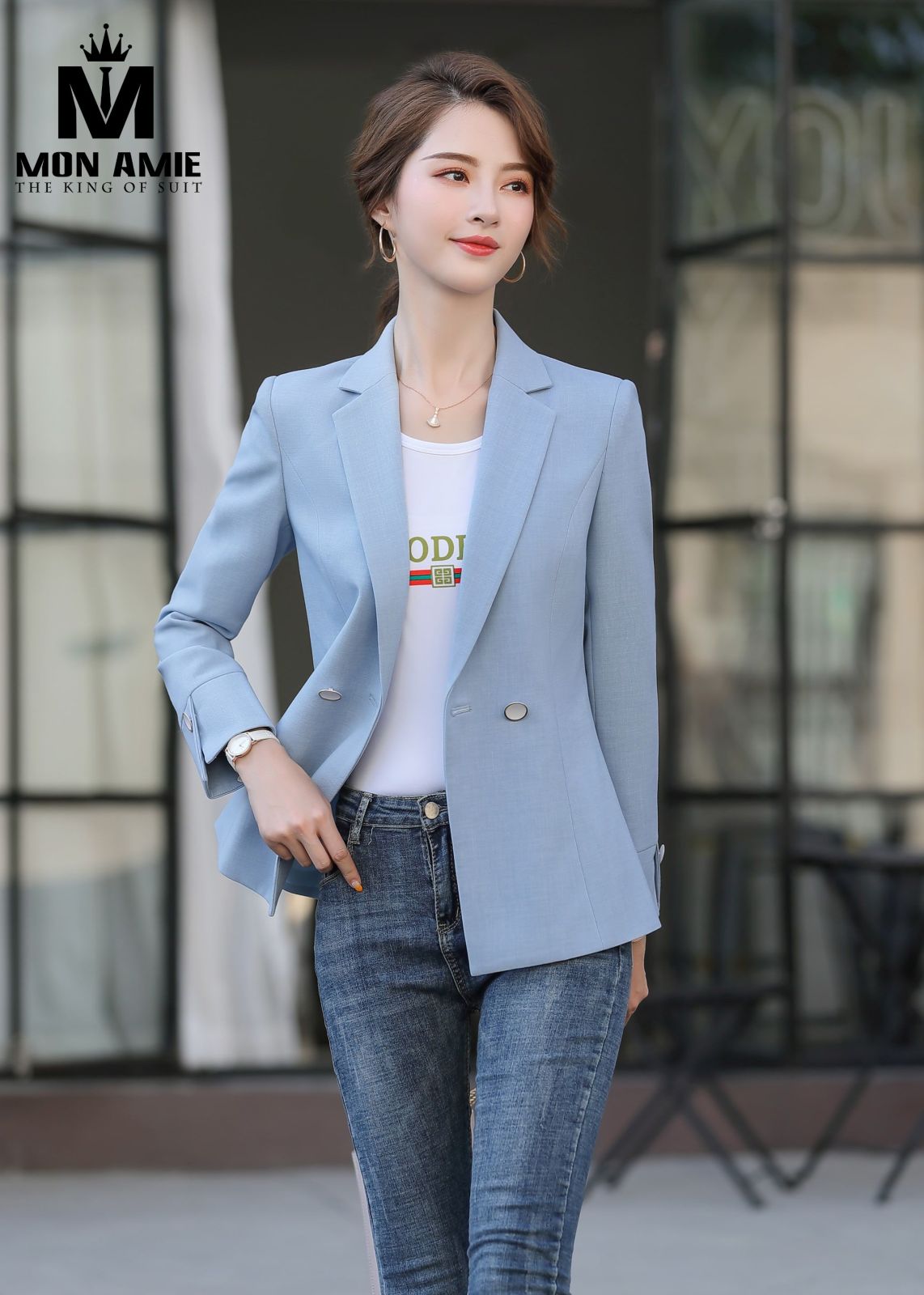 Baby Blue Double Breasted Notch Lapels Blazer